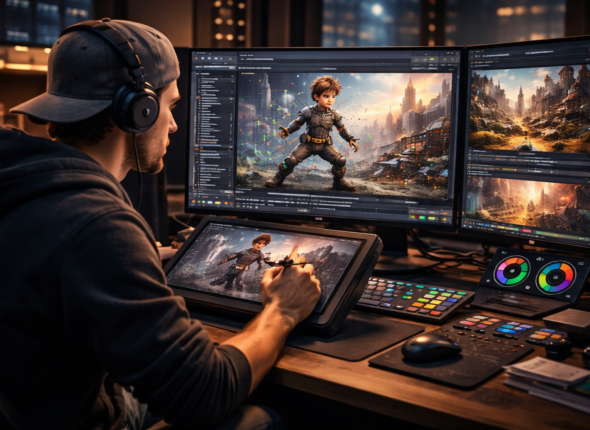 3D animation artist using advanced animation tools and real-time rendering software