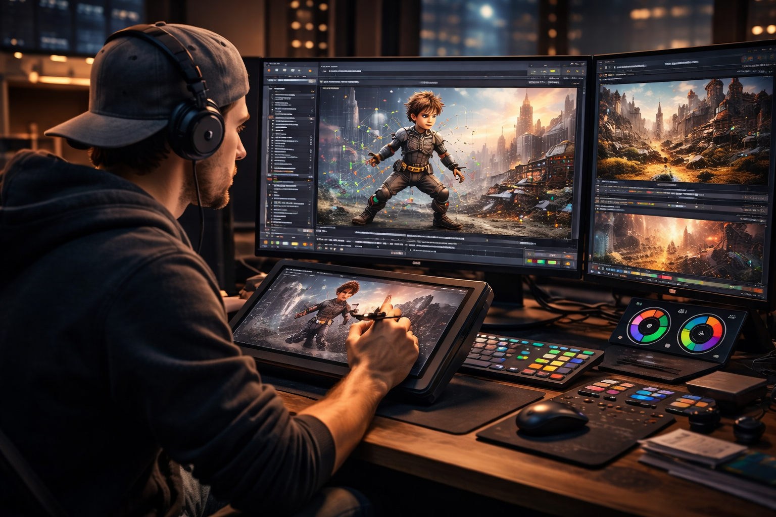 3D animation artist using advanced animation tools and real-time rendering software