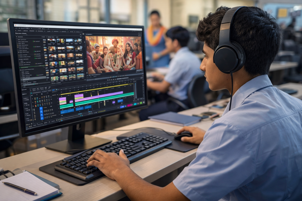 Student learning video editing on professional software after 12th in India alt text create an image for this