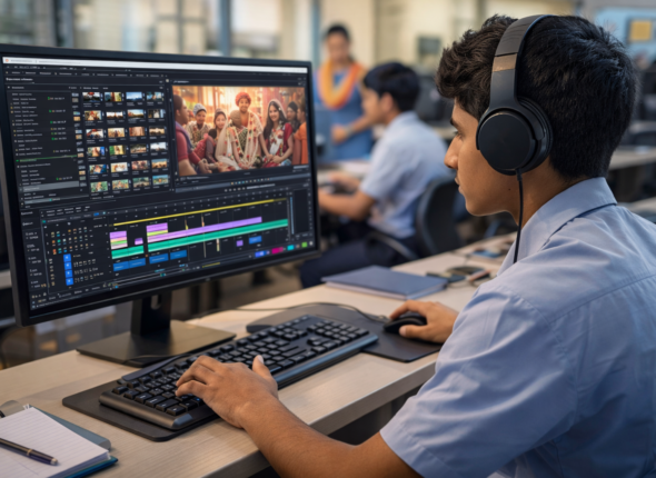 Student learning video editing on professional software after 12th in India alt text create an image for this