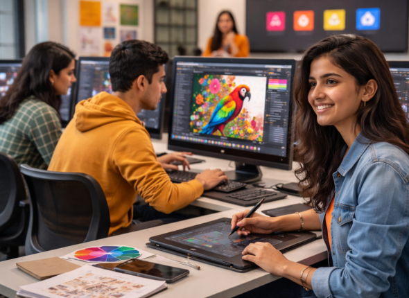 Graphic design students learning Adobe tools in Chandigarh