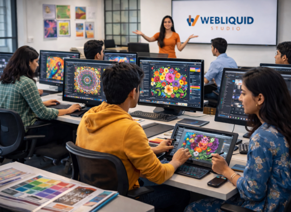 Students learning graphic design at Webliquidstudio Institute