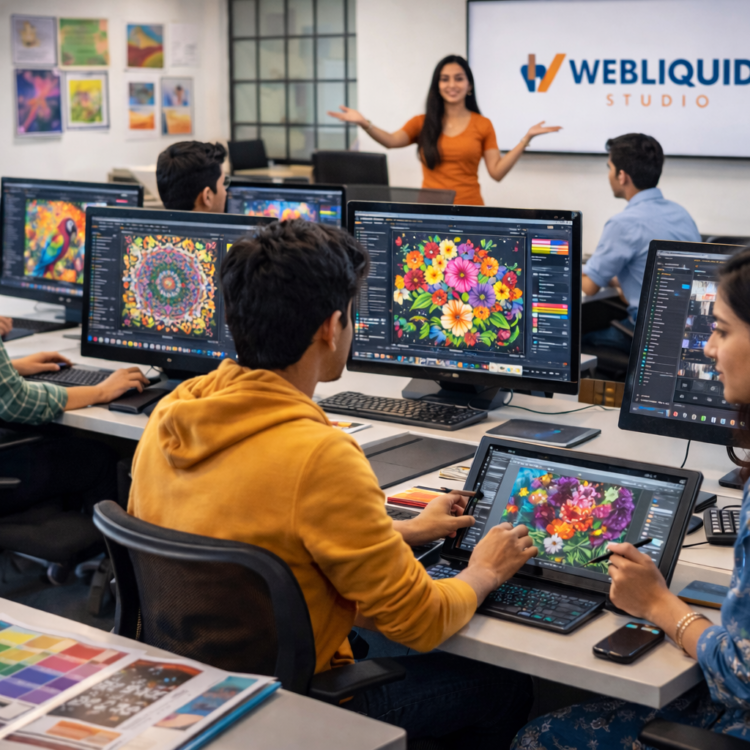 Students learning graphic design at Webliquidstudio Institute