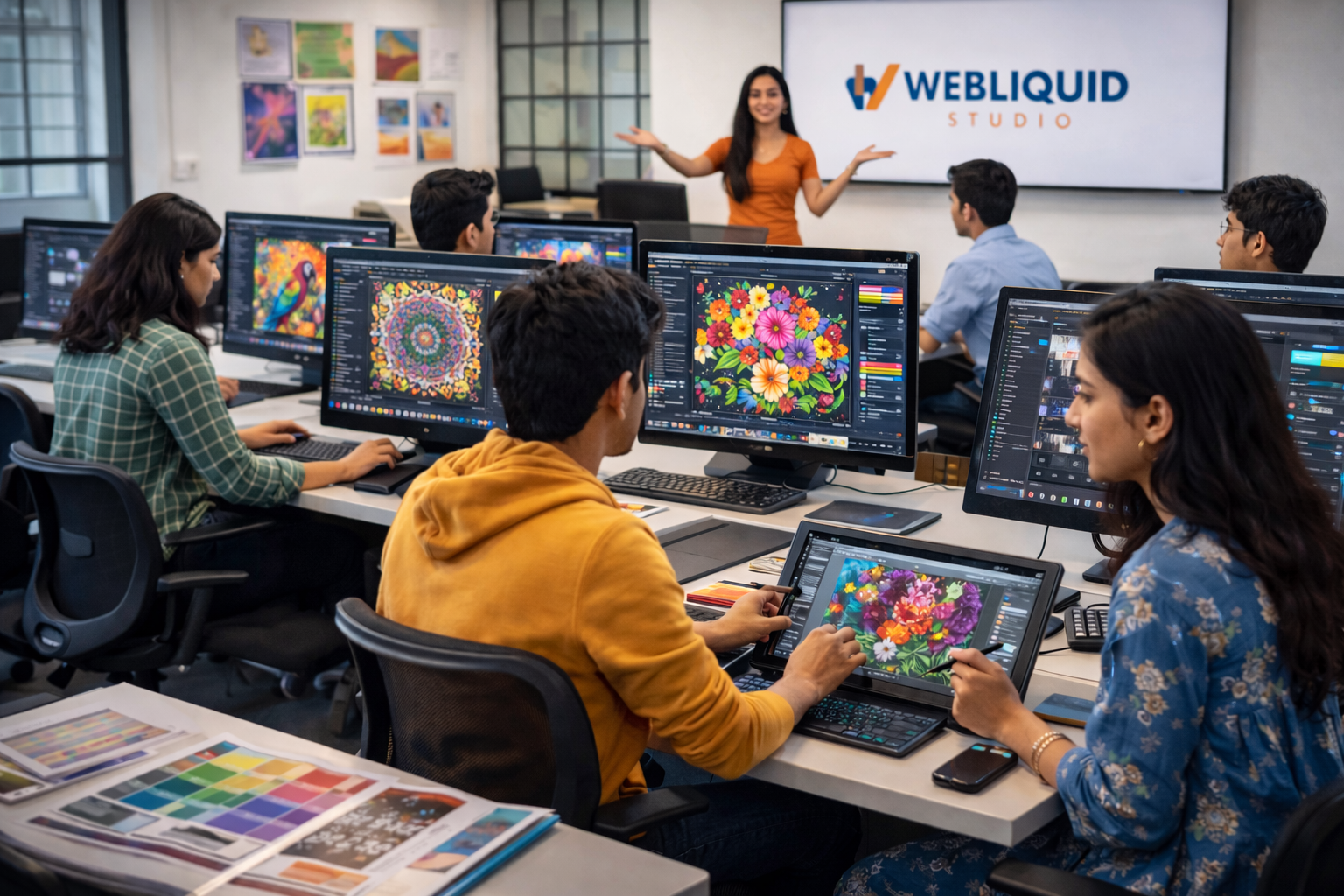 Students learning graphic design at Webliquidstudio Institute