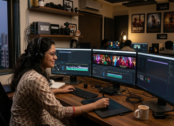Professional video editor working on editing software in a studio environment in India