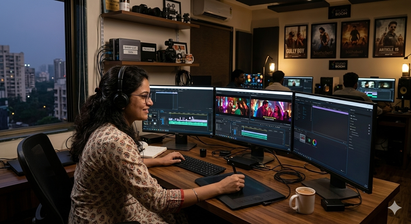 Professional video editor working on editing software in a studio environment in India