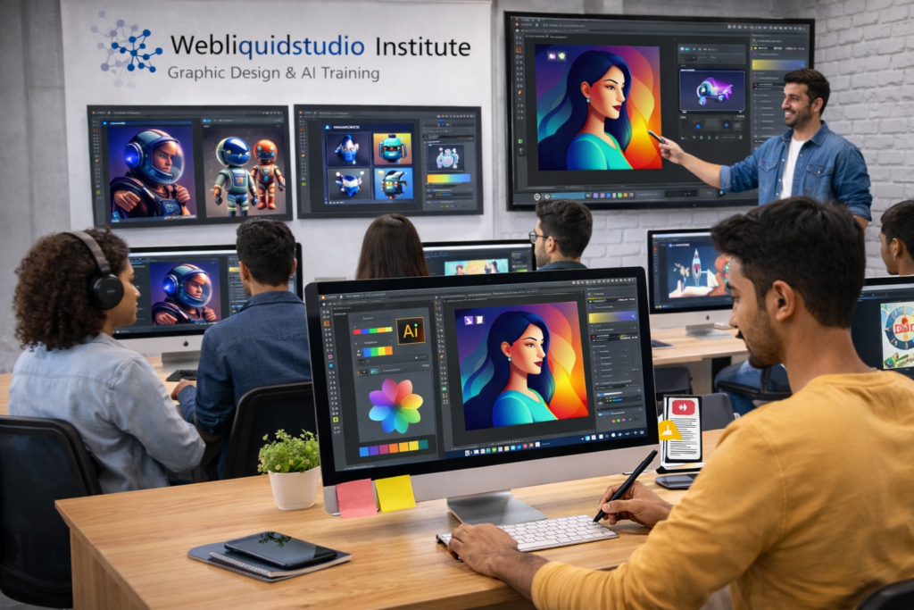 Students learning graphic design and AI tools at Webliquidstudio Institute