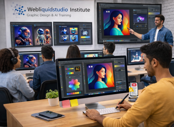 Students learning graphic design and AI tools at Webliquidstudio Institute
