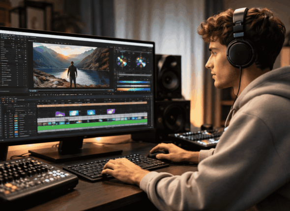 Beginner editing videos on professional timeline interface