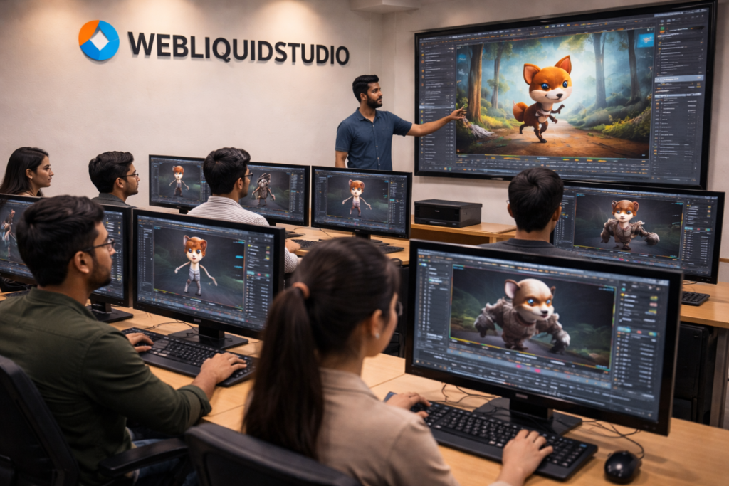 Students learning animation software at Webliquidstudio