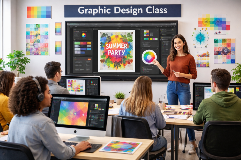 graphic design students learning in modern design classroom