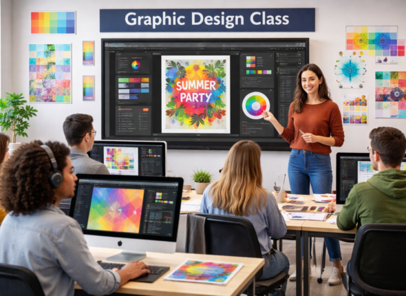 graphic design students learning in modern design classroom