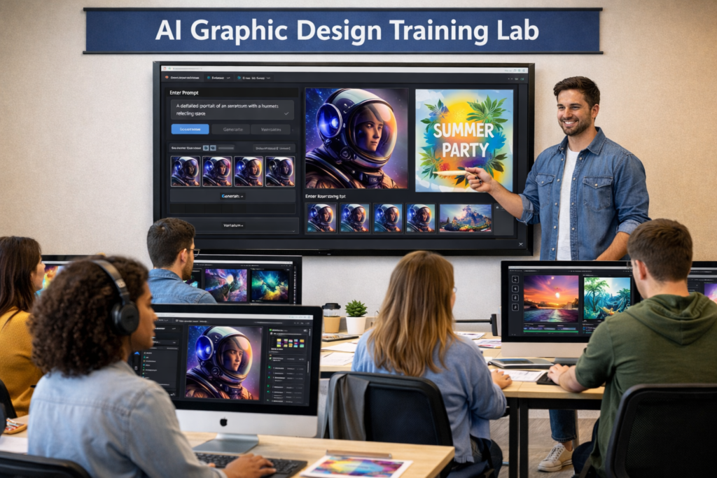 student learning AI graphic design tools in computer lab