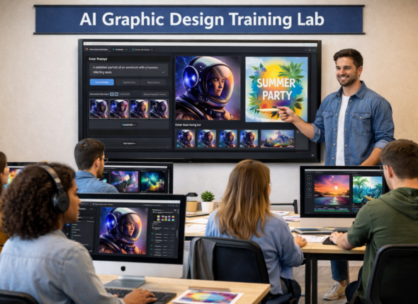 student learning AI graphic design tools in computer lab