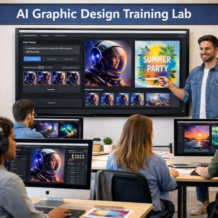 student learning AI graphic design tools in computer lab