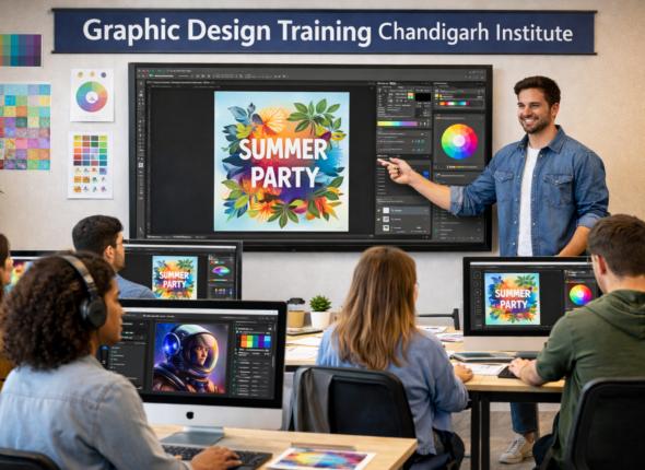 Students learning graphic design software in Chandigarh institute