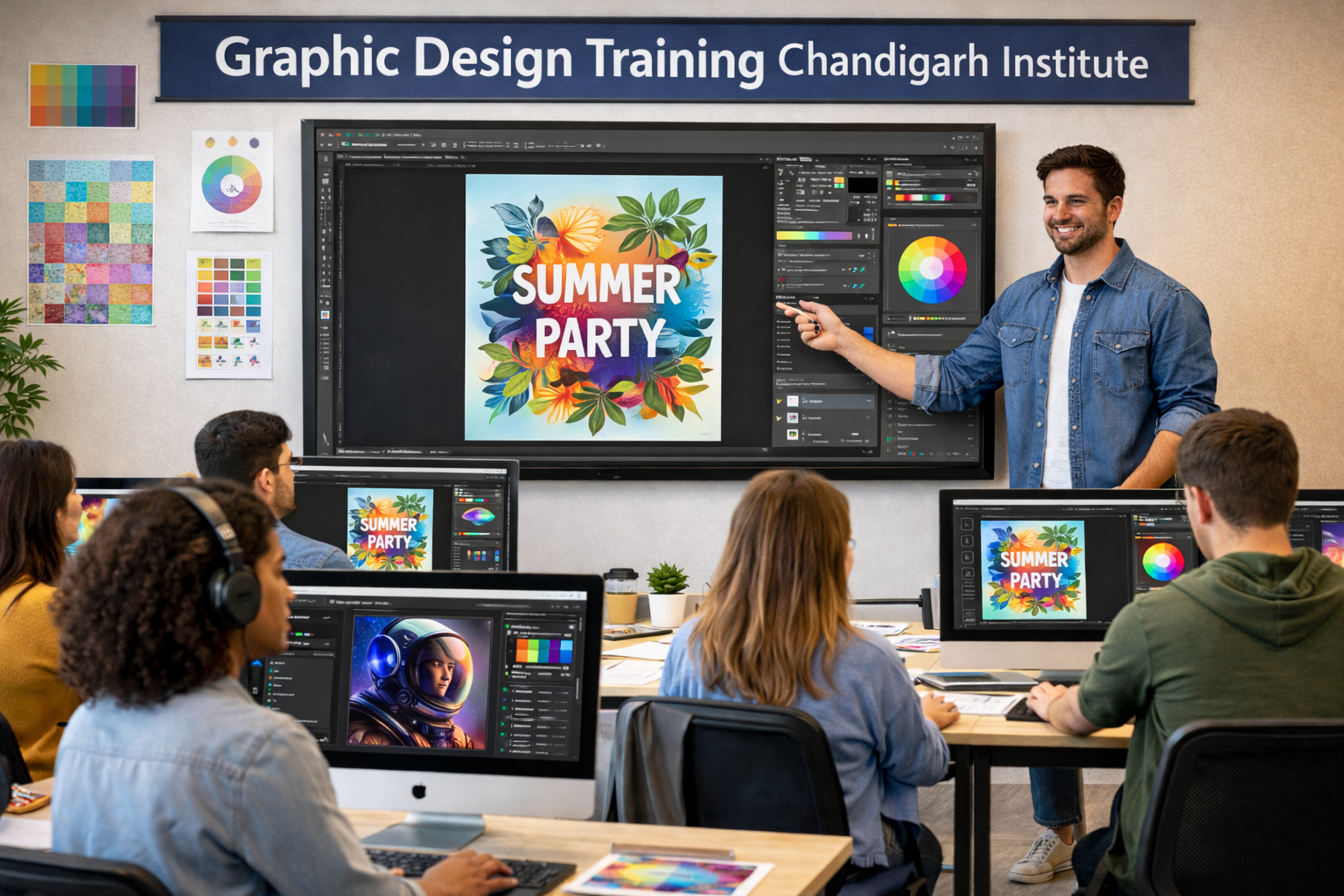 Students learning graphic design software in Chandigarh institute
