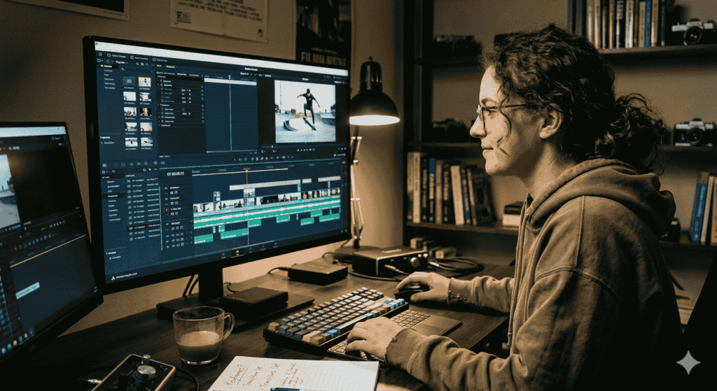 Beginner editing videos on professional timeline interface