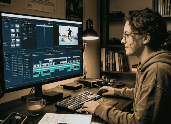 Beginner editing videos on professional timeline interface