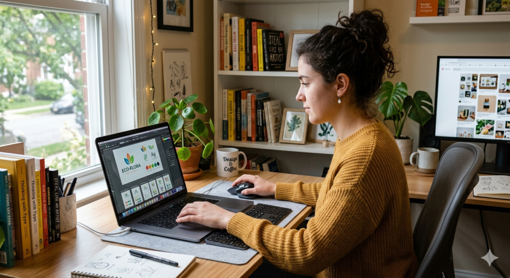 Beginner graphic designer creating portfolio projects on laptop