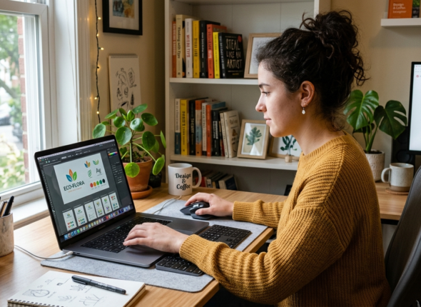 Beginner graphic designer creating portfolio projects on laptop