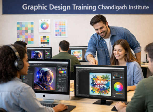 Student learning graphic design tools in Chandigarh institute