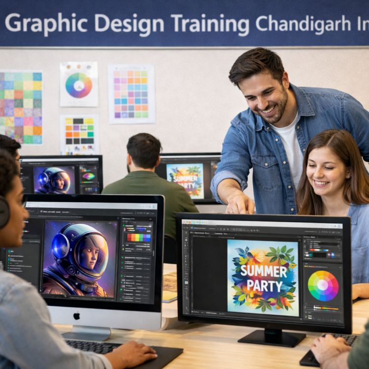 Student learning graphic design tools in Chandigarh institute