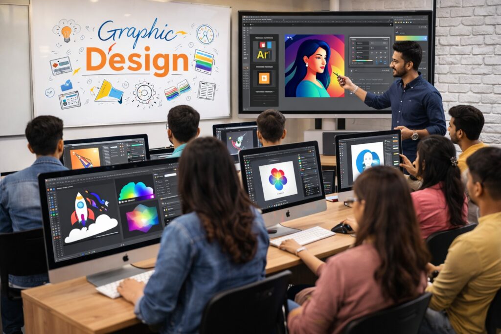 Students learning graphic design software in Chandigarh institute