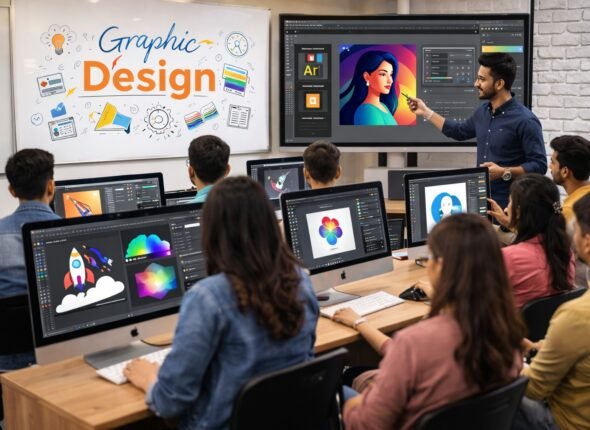 Students learning graphic design software in Chandigarh institute