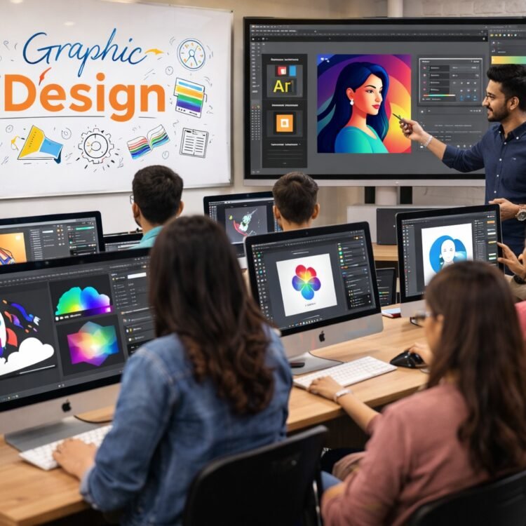 Students learning graphic design software in Chandigarh institute