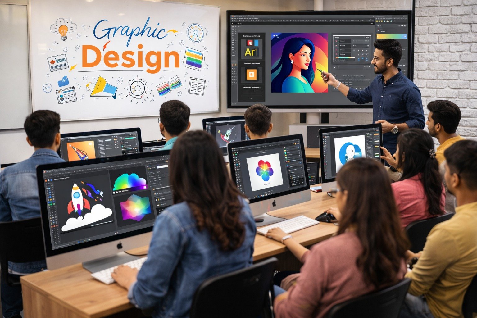 Students learning graphic design software in Chandigarh institute