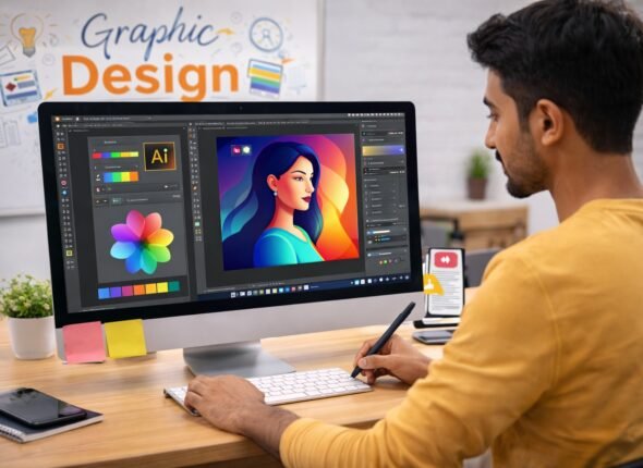 Beginner graphic designer learning design tools on computer