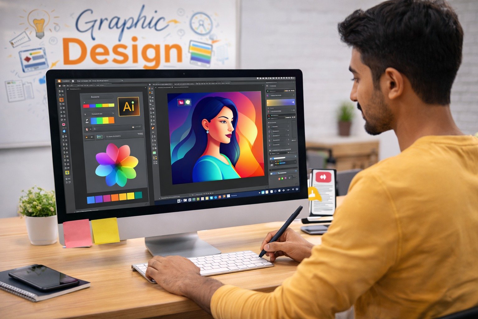 Beginner graphic designer learning design tools on computer