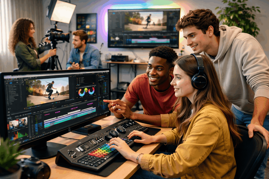 A group of young creators actively learning video production and editing skills in a modern studio setup. Some students are working on editing software, refining footage and color grading, while others are engaged in filming with professional cameras and lighting equipment. The image showcases creativity, teamwork, and hands-on learning in the field of digital media and content creation.