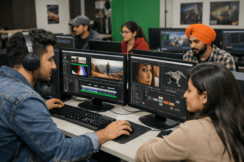 Digital media students working on editing projects in Chandigarh