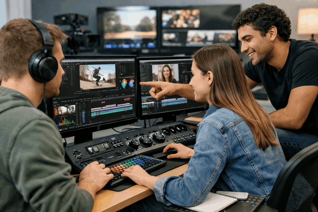 Digital media students practicing video editing skills