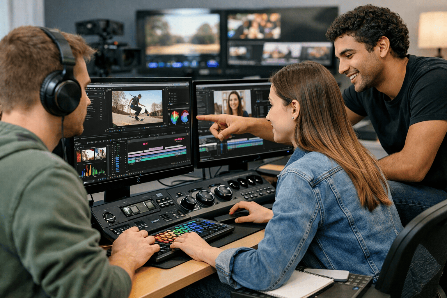 Digital media students practicing video editing skills