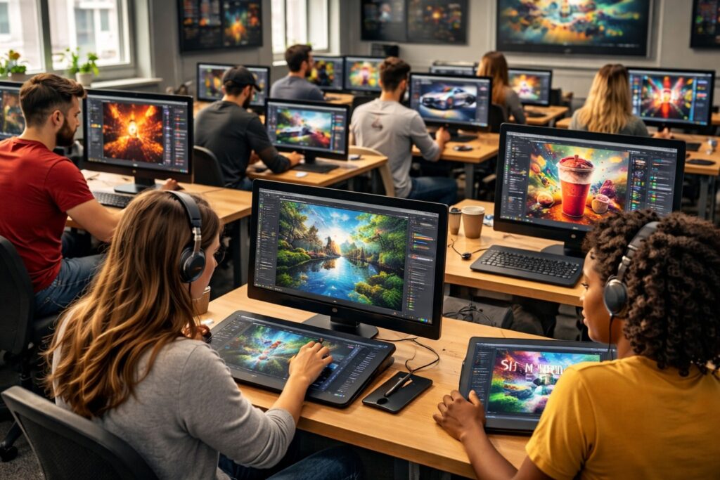 Digital media students working on creative design projects